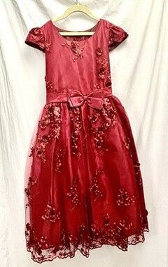 Kiki Kids Girls 12 Red Embroidered Holiday Dress 3D Floral Tulle Bow Made USA